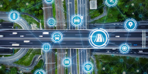 Aerial view of highway with digital icons representing smart transportation systems in Türkiye