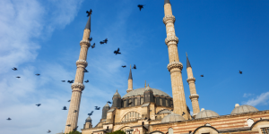 A historical mosque with minarets and flying birds, showcasing Turkey’s rich cultural heritage.