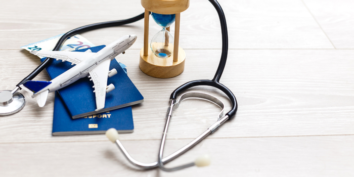 Travel-themed medical objects including a stethoscope, passport, airplane, and hourglass.